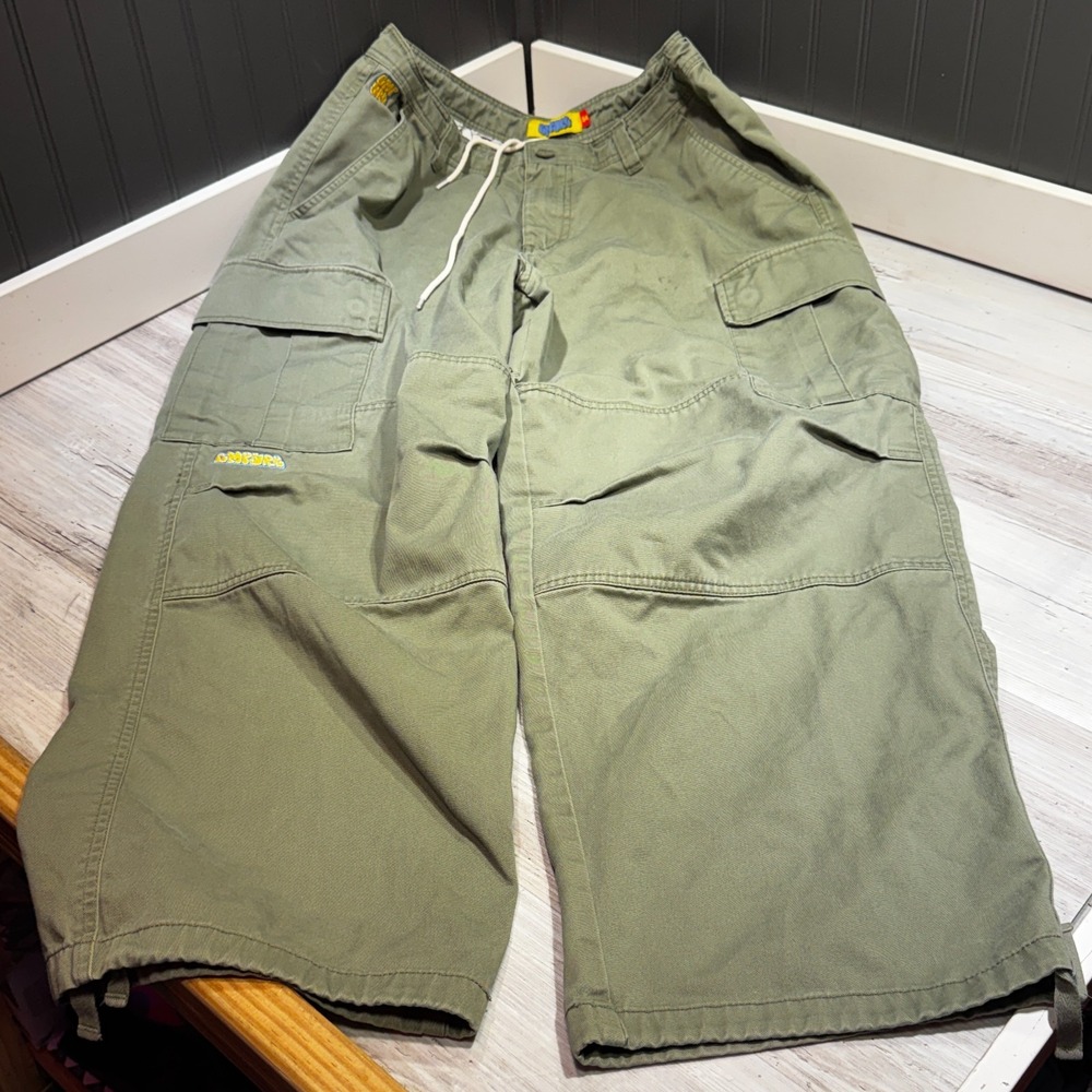 Empyre Men's Green Cargo Pants Cotton Canvas Straight Leg Pockets 34W Drawstring